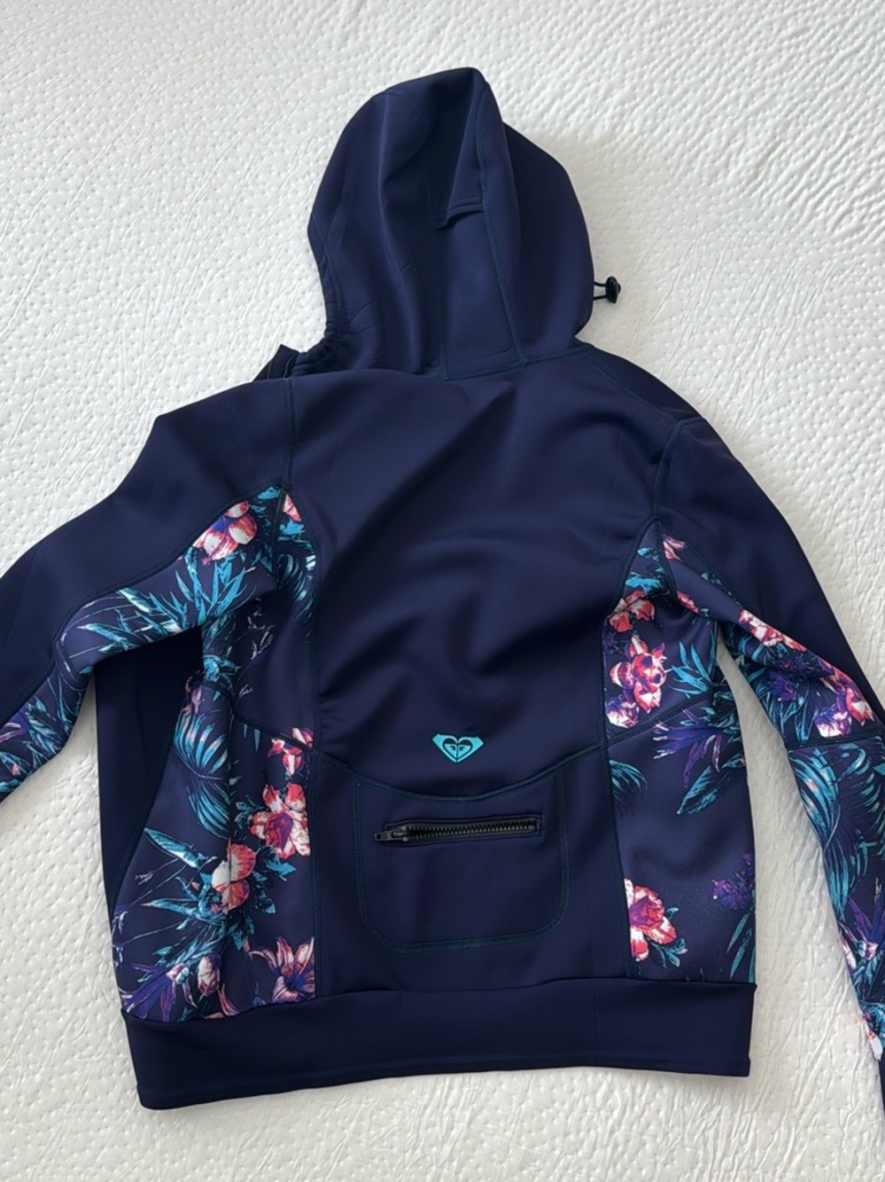 Roxy🩵🌺Wetsuit Jacket Syncro Navy Blue Zip Hoodie Floral Hibiscus Tropical Size 8 - Picture 2 of 8